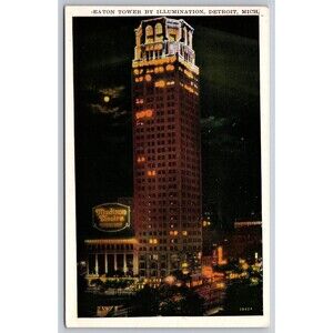Postcard Michigan Detroit Eaton Tower by Illumination Moonlight Madison Theatre